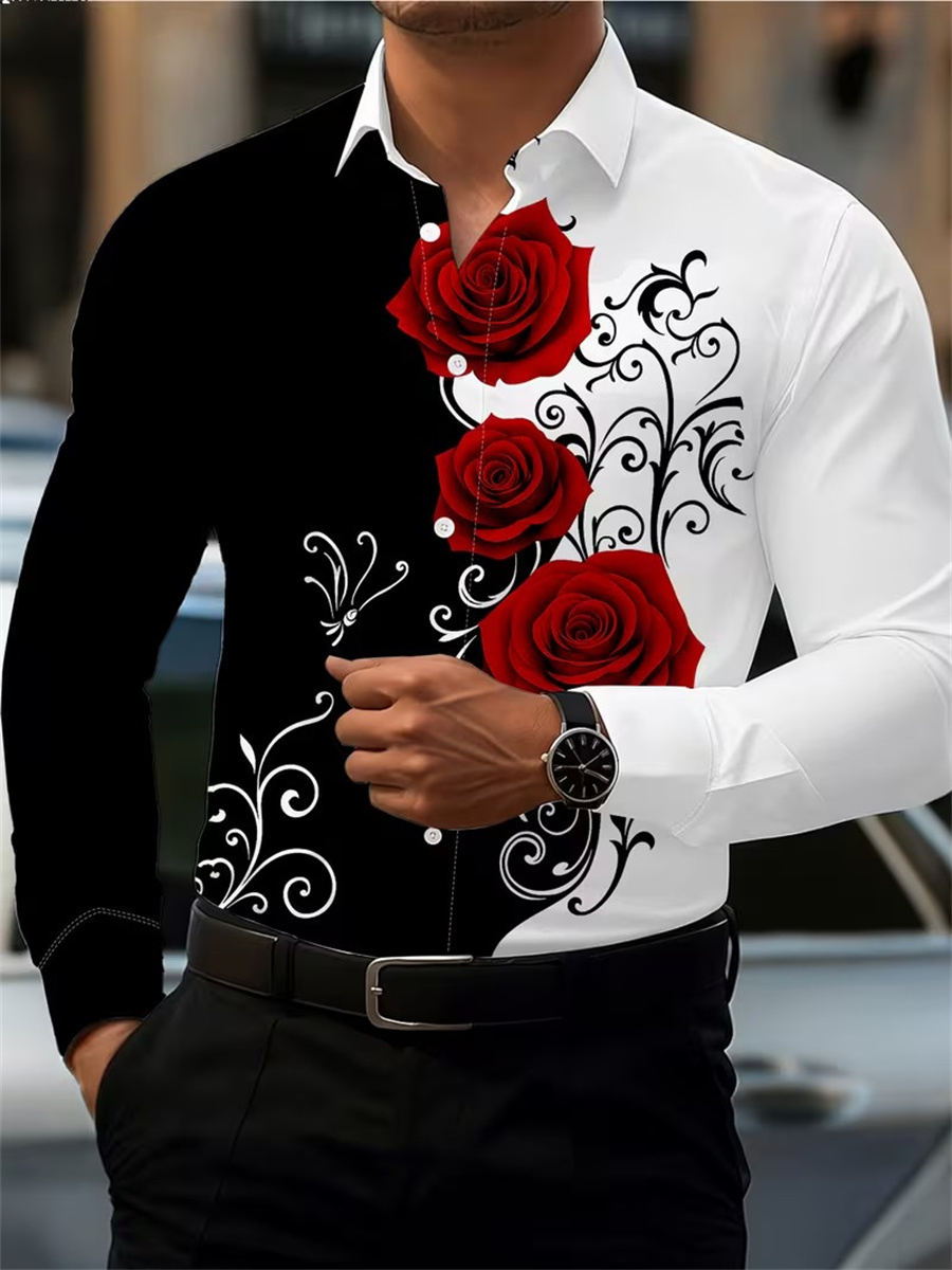 Men's Red Rose Print Long-Slee - đánh giá và giá Men'S Tops Fashion
